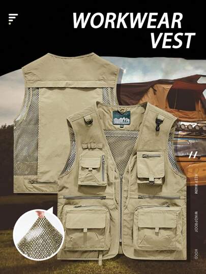 1 Peça Colete Masculino Cáqui para Caminhada, Camping e Pesca, À Prova de Vento e Água, Resistente a Arranhões, com Vários Bolsos e Zíper, Outono