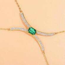 Vintage Square Green Synthetic Gem Chest Chain Body Jewelry With Shiny Transparent Gems - Golden Bikini Top Accessory, Suitable For Women's Daily Wear And Gifts