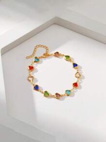 1 Stück buntes Glitzer-Herz-Design Armband aus kubischem Zirkonia, für Mädchen geeignet für tägliche Partys, Urlaubsgeschenk