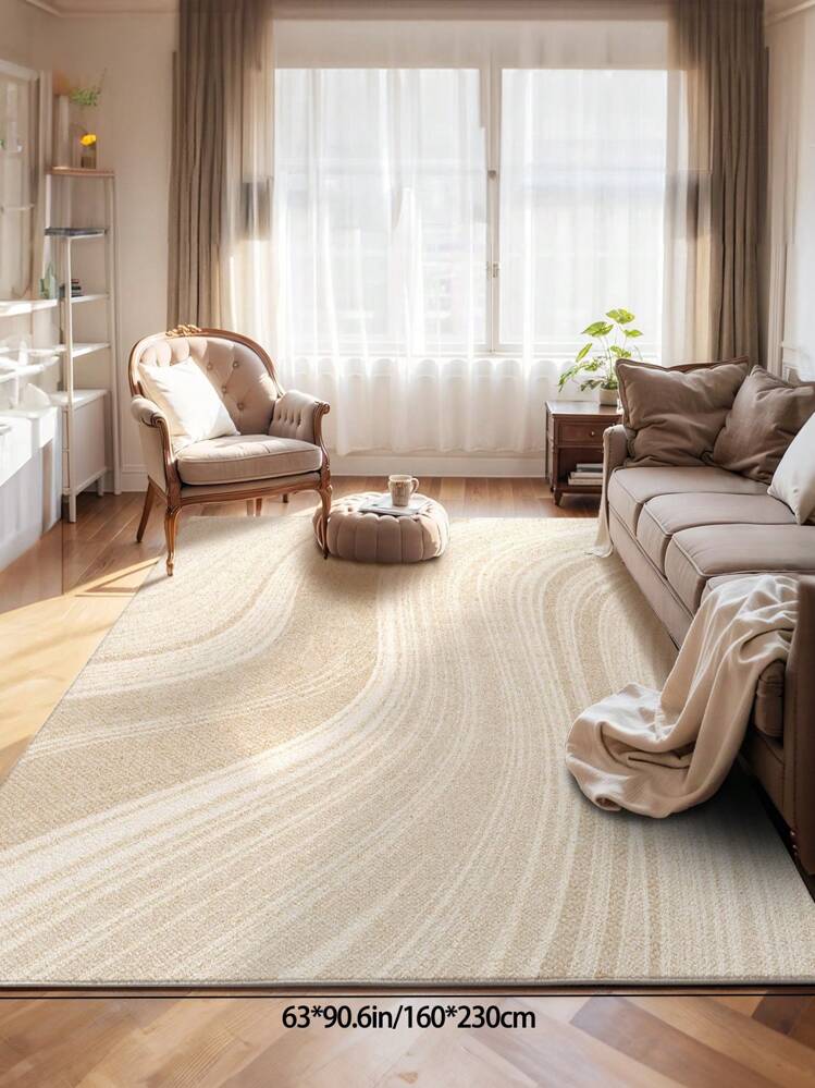 1pc Beige Living Room Large Rug, Abstract Line And Modern Minimalist Wavy Pattern, Plush Fabric, Soft And Comfortable Feel, Easy Maintenance, Waterproof, Anti-Slip Backing, Suitable For Lobby, Bedroom, Living Room, Bathroom, Kitchen, Dining Room, Office, Room Decor And Doormat, Holiday Celebration - Beige - View 8