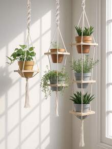 1 pieza Cesta colgante de plantas tejida a mano, soporte de maceta suspendido para interior/exterior, estilo bohemio con cuerda y estantería de maceta de madera de varios niveles, adecuado para el hogar, jardín, balcón, decoración de habitaciones, regalo de Navidad - Multicolor - Ver 2