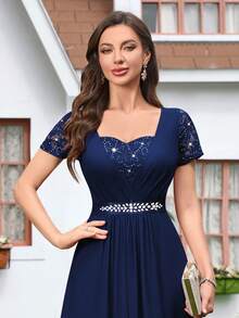 MIUSOL Sequin Floral Lace Contrast Chiffon Sweetheart Neck Hot Drill Belt Pleated Hem Evening Party Long Dress, Bridesmaid Dress, Prom Dress, Wedding Guest Dress