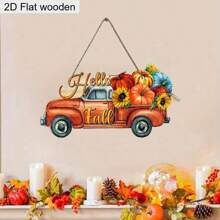 1pc Hello Fall Thanksgiving Day Harvest Sunflower Colored Pumpkin Car Wood 7.87in/20cm Sign Hanging Home Decoration, Tree Outdoor Decoration Pendant For Garden Room Festival Party Supplies Restaurant Festival Party Decoration
