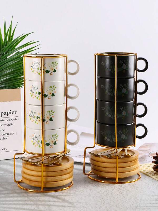 1 Set Of 4pcs 200ml Ceramic Coffee/Tea Cup With Saucer And Spoons, Includes Gold Metal Rack, Suitable For Coffee, Tea, Milk, Cappuccino, Iced Tea, Breakfast, Mugs, High Quality, Durable, Essential For Coffee Lovers, Creative Afternoon Tea Cup Set, Space Saving, For Home, Office, School, Gifts, Dishwasher Friendly