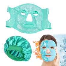 2 件套：缎面丝绸睡眠帽 + 凝胶冷热面膜包 | 宽边弹性卷发器干发帽，可重复使用冷热双重护理，无酒精保湿，睡眠，SPA，头发和皮肤护理组合，防毛躁和抗衰老