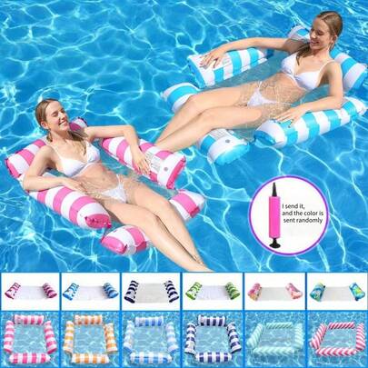 1件装充气条纹漂浮床，可折叠游泳池躺椅，单人/双人水上吊床漂浮椅
