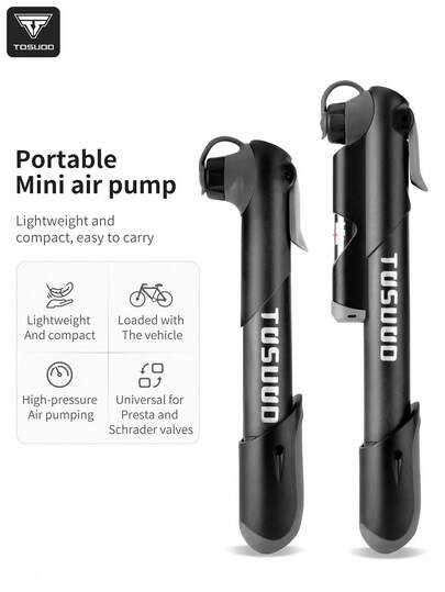  TOSUOD Portable Mini Pump For Bikes - Lightweight Compact Manual Inflator With Pressure Gauge, High-Pressure Inflation, Ergonomic Handle & Carrying Clip For Road, Mountain, And Hybrid Bikes, Bike Pump Portable, Outdoor Cycling Gear, Sleek Cylindrical Design, Durable Construction