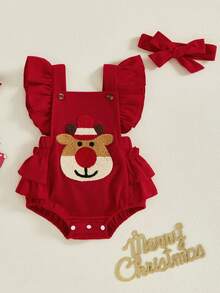 Baby Girl Christmas Outfit, Fly Sleeve Embroidery Elk Romper Overalls With Hairband For Casual Daily