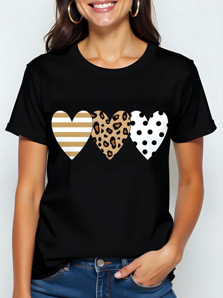 Camiseta de con estampado de corazones variados, 180g, algodón, cuello redondo, manga corta, estilos rayado, leopardo y lunares, básica y cómoda para toda ocasión, T-shirt casual ideal primavera-verano. - Negro - Ver 1