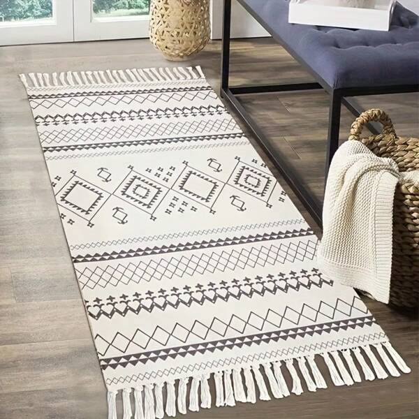 1pc Boho Handmade Woven Tasseled Mat, Bedroom Bedside Rug, Hotel Decoration, Yoga Mat, Decorative Carpet, Bedroom Decor, Small Rug, Carpet, Home Decor, Living Room Rug, Small Living Room Rug, Bedroom Rug, Living Room Decoration, Outdoor Rug, Washable Carpet