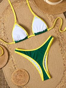 Bikini con cuello en V y parte delantera anudada, con bloques de color, sexy para mujeres, ideal para la playa y vacaciones de verano - Verde - Ver 2