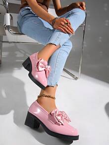 女士粉色玛丽珍鞋一脚蹬乐福鞋蝴蝶结 JK 制服鞋，正式工作高跟鞋