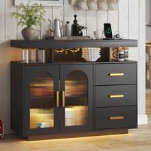 LED Sideboard Buffet Cabinet With Charging Station, Kitchen Storage With Auto RGB Lighted, High Gloss Coffee Bar With 3 Drawers For Living Room, Dining Room, Kitchen - màu đen - Xem 3