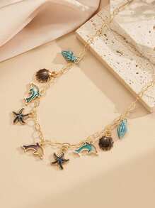 1 pieza de collar con elementos de vacaciones de verano europeos y americanos, con estrella de mar, concha, diseño de moda personalizado, pulsera de delfín