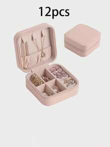 1/12 件方形 PU 珠宝收纳盒，便携式珠宝盒，梳妆台收纳盒，夏季旅行珠宝盒，多层便携式旅行珠宝展示盒，收纳礼盒，极简翻盖，防水大容量，适用于戒指、项链、耳环、手表、口红等珠宝收纳，卧室装饰，户外旅行用品，带纽扣封口，优雅的国际风格，适合旅行和家居，适合女孩、礼物、节日、婚礼女士收纳整理器旅行必需品返校宿舍收纳