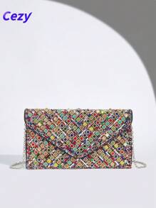 Cezy 1 pieza Bolso de mano con adorno de cristal de moda - Correa para el hombro desmontable - Cierre magnético - Forro de poliéster - Estilo brillante similar a diamantes para fiesta - Excelente regalo para mujeres