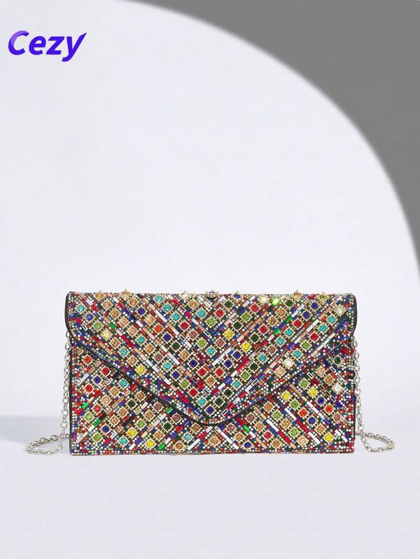 Cezy 1 pieza Bolso de mano con adorno de cristal de moda - Correa para el hombro desmontable - Cierre magnético - Forro de poliéster - Estilo brillante similar a diamantes para fiesta - Excelente regalo para mujeres