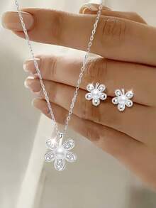 S925 纯银珍珠首饰套装，简约精致的花朵珍珠项链和耳环耳钉，优雅高端女士配饰，适合派对/活动佩戴，节日礼物 - 彩色 - 查看 1