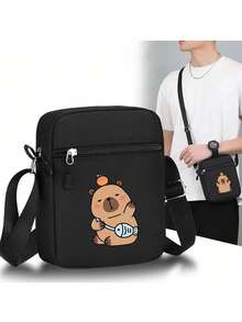 1 件，创意水豚印花黑色迷你斜挎包 - 适合休闲外出的运动包，轻质涤纶衬里，可调节肩带 - 黑色 - 查看 2