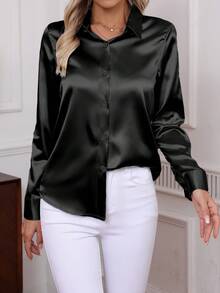 Women Elegant Turn-Down Collar Button Up Long Sleeve Blouse, Plain Color Casual Work Shirt - 黑色 - 查看 1