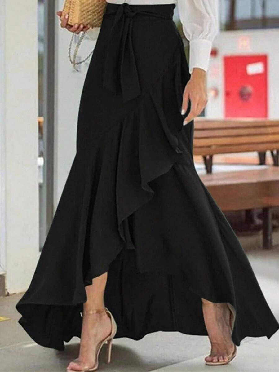 Women's Solid Color Elegant Skirt Lace-Up High Waist Ruffled Pleated A-Line Skirts Party Wear Bottoms - 黑色 - 查看 1