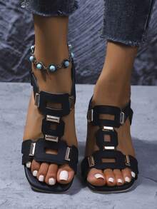 女士透明铆钉装饰高跟方头凉鞋，哥特风格波西米亚风优雅精致时尚休闲夜总会面料荷叶边考究办公室家居户外婚礼派对夏季 - 黑色 - 查看 6