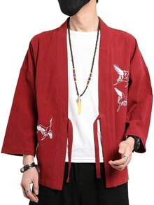 Men's Japanese Kimono Cardigan Loose Cotton Linen 3/4 Sleeve Open Front Casual Summer Shirt Jackets - 06- Red - View 7