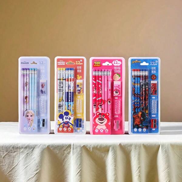 Disney 12pcs Disney Cartoon Round Wooden Pencils For Children, School Supplies, Prizes/Gifts, HB Pencils 12pcs/Box, Designs: Spider-Man-Red, Elsa-Purple, -Blue, -Pink, With Erasers