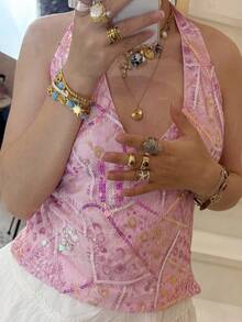 Women's Summer Shiny Chain Rhinestone Vest Sexy Hollow Out Hanging Neck Wrap Chest Crop Top Daily Streetwear - Coral Pink - View 4