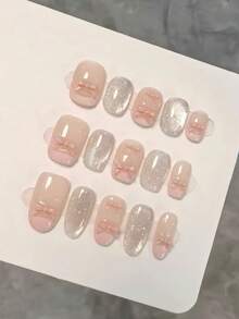 10 Stücke rosa französischer Stil funkelnde Glassperlen für zarte Polka Punkte, klare und transparente dreidimensionale Schleifen, selbstklebende Nägel handgemacht