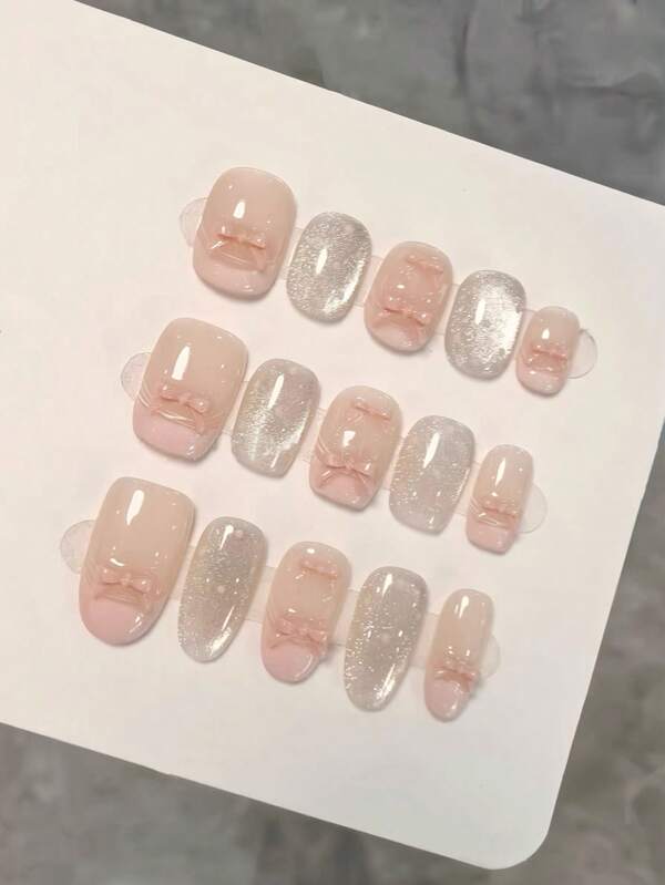 10 Stücke rosa französischer Stil funkelnde Glassperlen für zarte Polka Punkte, klare und transparente dreidimensionale Schleifen, selbstklebende Nägel handgemacht