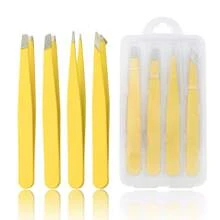 FADVAN 4PCS Tweezers Set Yellow/Lovely Flower Multi-Purpose Professional Stainless Steel Tweezers Precision Tweezers For Eyelash Extension Eyebrows Facial Blackhead,Point Tip Tweezers,Angle Tip Tweezers,Flat Tip Tweezers,Slant Tip Tweezers