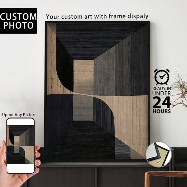 1 Pc, Custom Photo, Polished Plexiglass Wooden Frame,Bauhaus Style Geometric Wall Art,Personalized Canvas Printed Poster Art, Perfect For Families, Couples, Pets' Memories, And A Perfect Gift For Anniversaries