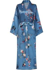 DandyChic Women's Long Floral Satin Robes Imitation Silk Sleepwear Bridal Dressing Gown For Bridesmaid Nightgownhalloween - Blue Red Floral - 查看 1