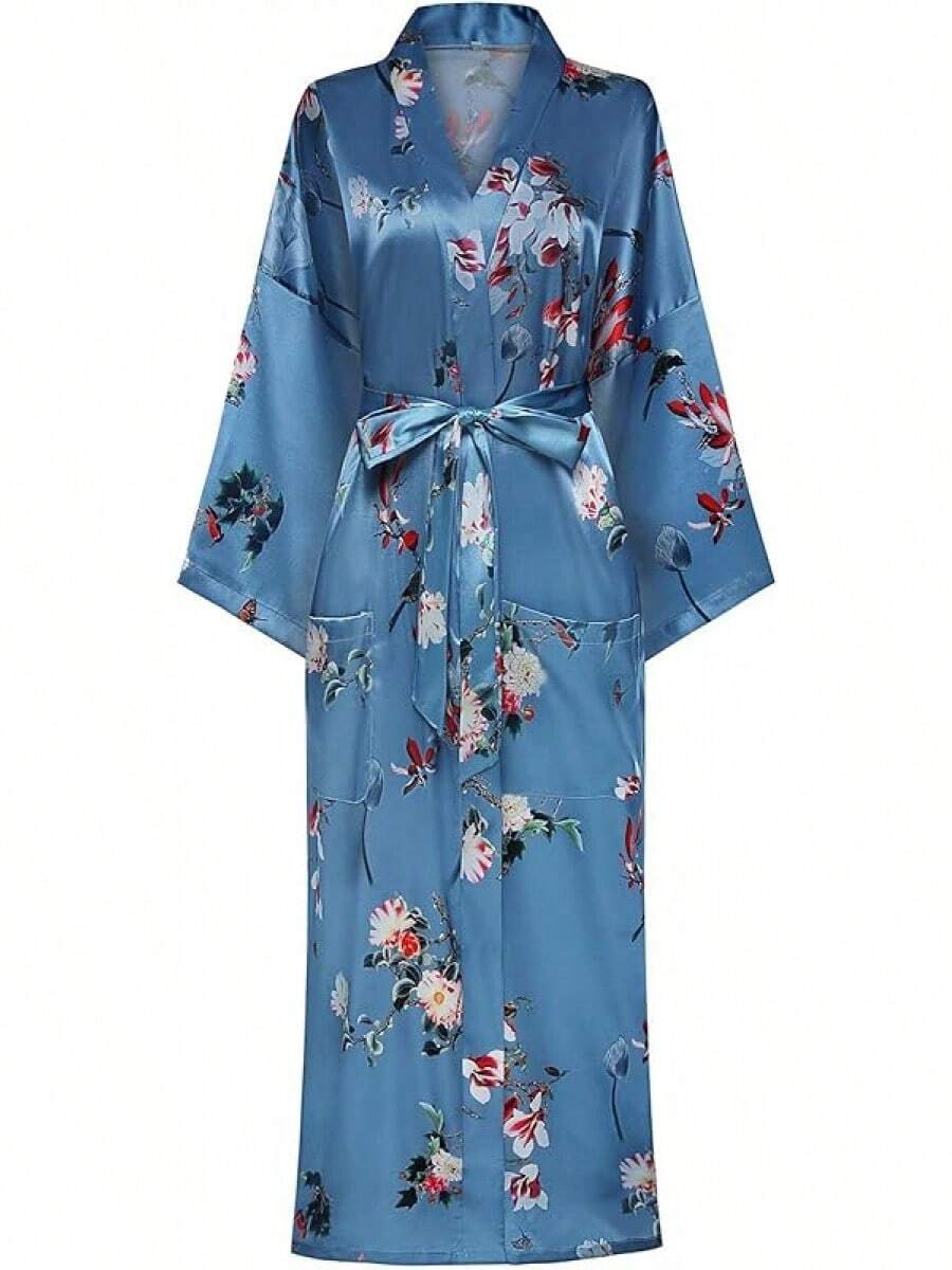 DandyChic Women's Long Floral Satin Robes Imitation Silk Sleepwear Bridal Dressing Gown For Bridesmaid Nightgownhalloween - Blue Red Floral - 查看 1