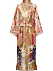 DandyChic Women's Long Floral Satin Robes Imitation Silk Sleepwear Bridal Dressing Gown For Bridesmaid Nightgownhalloween - 櫻花香檳 - 查看 1
