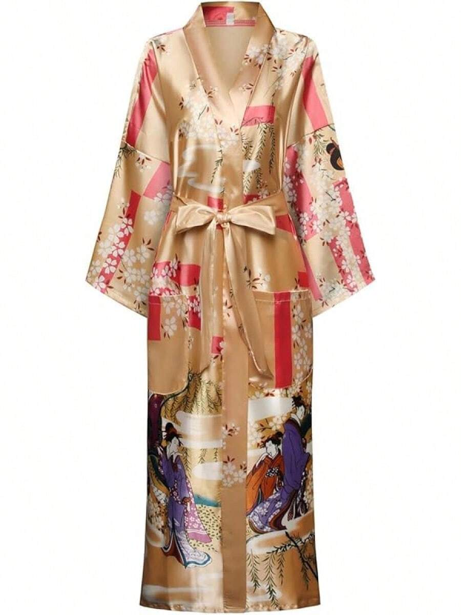 DandyChic Women's Long Floral Satin Robes Imitation Silk Sleepwear Bridal Dressing Gown For Bridesmaid Nightgownhalloween - 櫻花香檳 - 查看 1