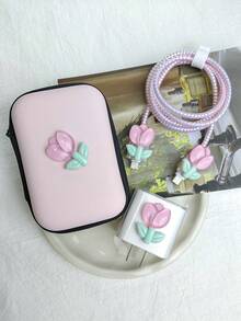 6pcs Pink Tulip Pattern Data Cable Protector + Storage Pouch, Apple Charger Protector & Cable Organizer, Halloween Gift For Summer Holiday Travel, Outdoor Activities Travel Essentials - Tulip - View 2