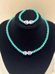 2pcs Fashion Turquoise Blue And White Cizhu Necklace And Bracelet Unique Design Women's Jewelry Set Suitable For Decorative Wearing And Holiday Gifts