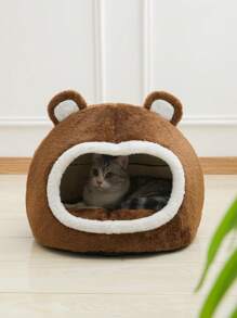 1 Peça Cama Fofa e Respirável de Pelúcia com Formato de Urso Fofo, Adequado para Gatos Pequenos e Médios, 4 Estações