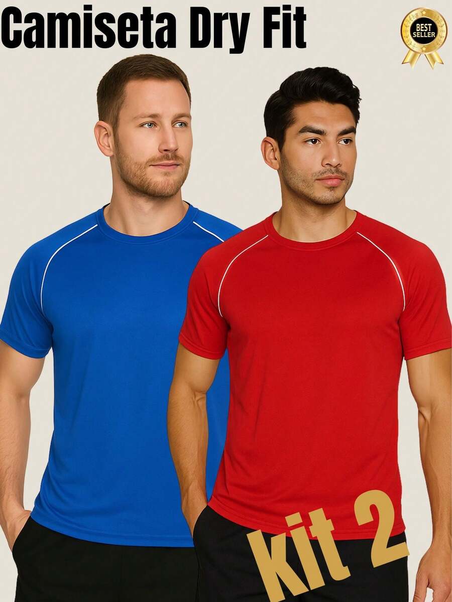 Kit With 2 T-Shirts Dry Fit Plain Red-Royal Blue Men's Contrast Colors Short Sleeve - Casual - Training - Gym - Sports - Exercises - Running-Party - 寶藍色 - 查看 1