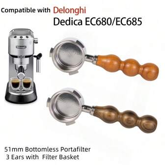 51mm Naked Bottomless Portafilter 3 Ears Fits Delonghi Dedica EC680 And EC685, And SMEG & EUPA Coffee Machines With Stainless Steel Handle Head - Included Portafilter Filter Basket