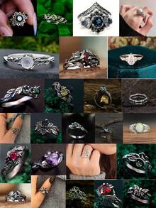 1 套复古情侣哥特式订婚戒指，古董银质分支戒指，男女通用巫师戒指，深色几何指环 - 彩色 - 查看 1