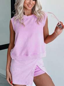 Scacto 2 Pieces Mineral Wash Cotton Tank Top Lined Split Skirt Set - Màu tím hoa cà - Xem 3