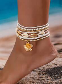 7pcs/Set Bohemian Beach Style Seashell Beaded Flower Anklet Set For Women