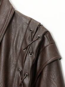 Seelio 秋冬新款女士时尚系带翻领皮夹克 - 棕色 - 查看 11