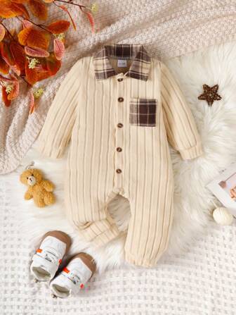 1pc Toddler Casual Cute Plaid Collar & Pocket Patchwork Beige & Gray Striped Long Sleeve Jumpsuit, Newborn , 2025 New Arrival