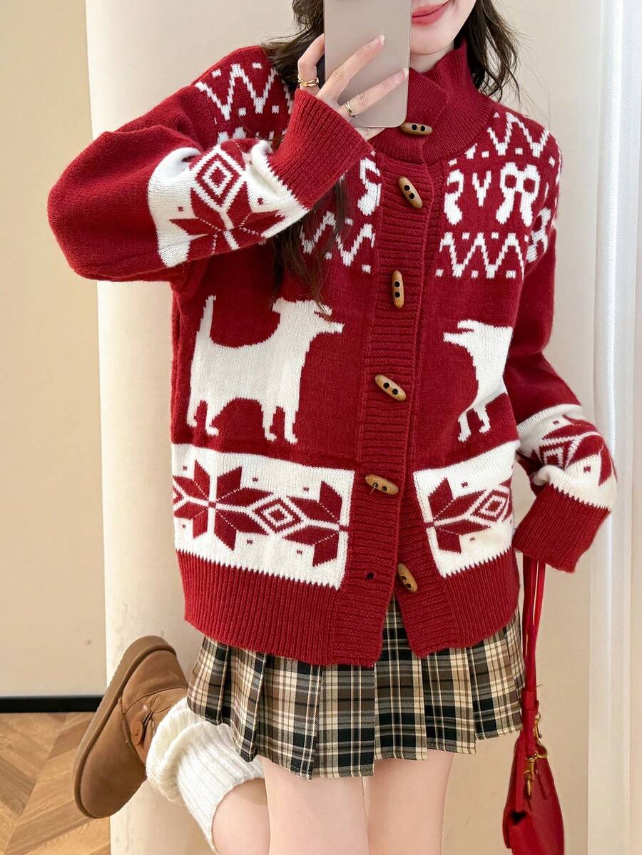 Alicedudu Women's Vintage Geometric Pattern Dropped Shoulder Long Sleeve Casual Knit Cardigan, Suitable For Autumn/Winter Holidays - Red - View 1