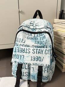 Casual Spacious Letter Print Multi-Pocket Snap Button Backpack, Unisex School/Travel Bag, Suitable For Students, School Season