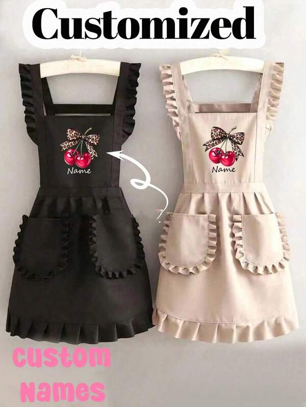 1pc Customized Printed Stylish Korean Apron, Waterproof And Stain Resistant, Apron Cute Lace Skirt Apron, Modern Polyester Oil-Proof Apron, Black Kitchen Apron, Black Stain Resistant Apron,Sleeveless Apron,For Home, Kitchen